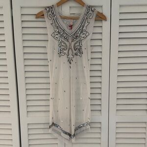 Embellished White Gauzy Beaded Sheer Sleeveless Boho Tunic